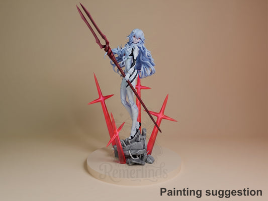 Ayanami Rei resin figure from Neon Genesis Evangelion in white and blue paint, holding a red staff, displayed on a red star-adorned base.