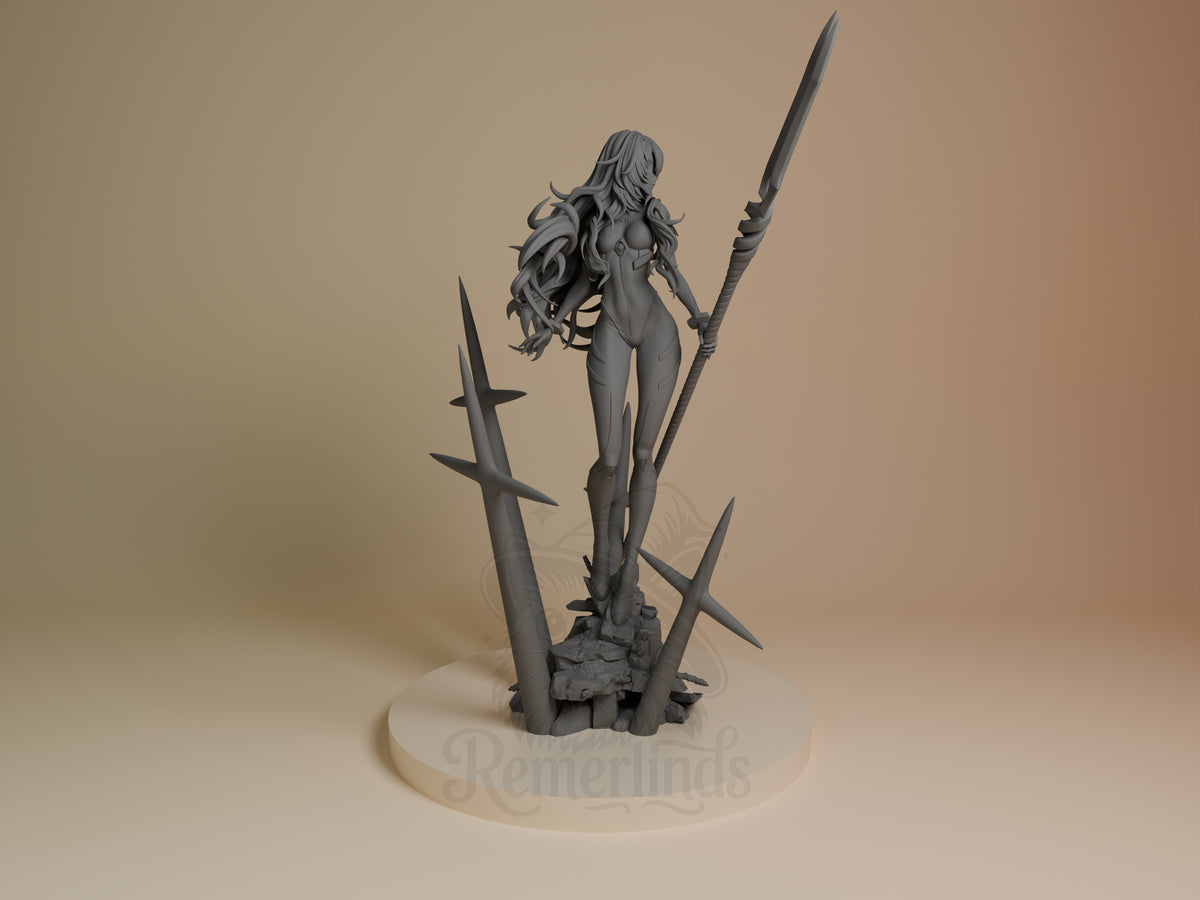 Azure Pilot resin figure from Mecha Awakening, shown front-facing and unpainted with a sword and sculpted spiked base.
