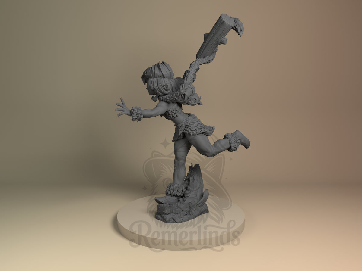 Ayla Chrono Trigger 3D printed resin figure by Nomnom, angled view showing dimensional details.