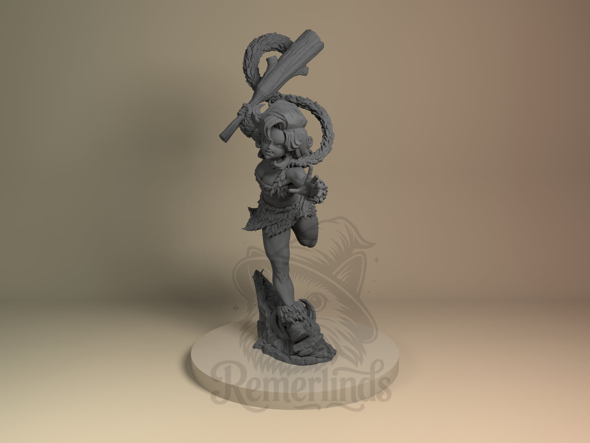 Ayla Chrono Trigger 3D printed resin figure by Nomnom, unpainted front view. The 3D printed resin miniature depicts Ayla from Chrono Trigger in an energetic mid-action pose, capturing her primal warrior essence. She holds a large wooden club raised above her head ready to strike, with one leg bent behind and the other resting on a rocky base. The figure is detailed with wild curly hair, fur garments, and an expressive stance conveying motion and strength.
