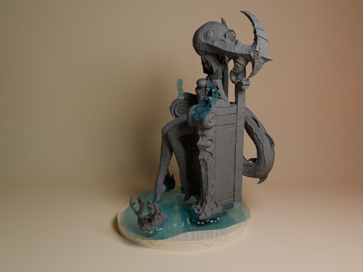 Azashara resin figure shown at angle, displaying unpainted gray torso with painted teal accents, demon head staff, and scenic base with water effects.