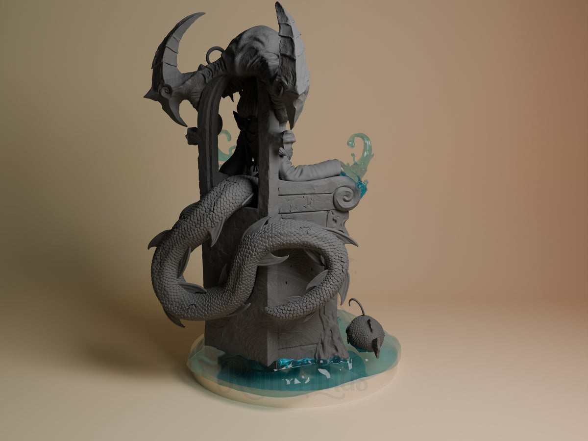 Azashara 3D printed resin figure shown from back angle, displaying detailed serpent tail, dual-bladed axe weapon, and turquoise-painted base with unpainted gray upper torso.