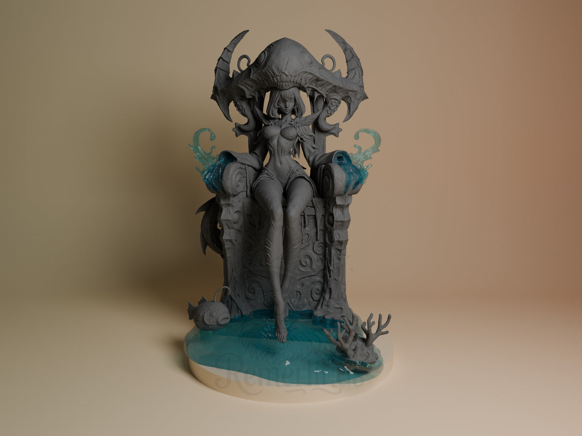 Azashara resin figure from World of Warcraft shown from front, seated on decorative throne with tentacle arms, partially painted in teal and grey on cream base.