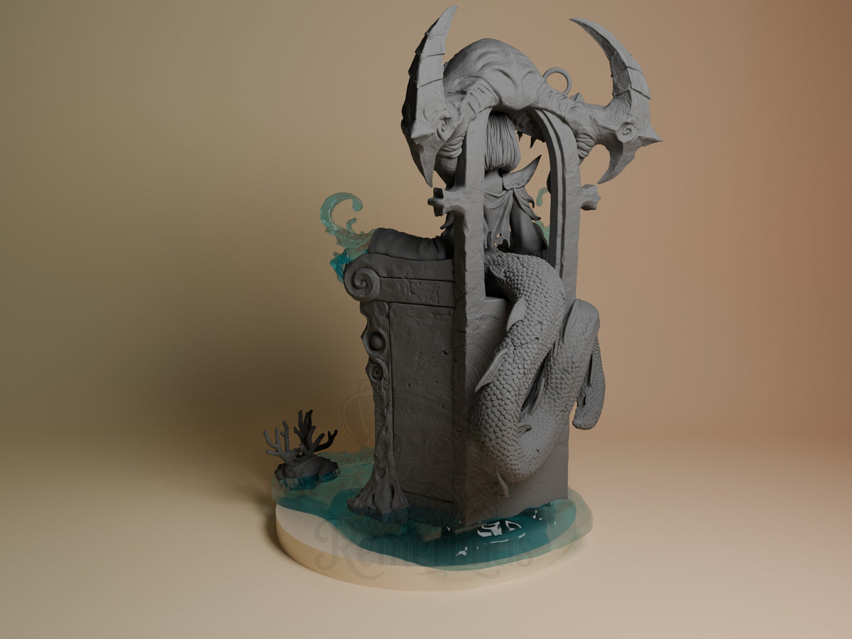 Azashara resin figure from World of Warcraft shown from left angle, displaying unpainted gray torso with scaled tail and painted teal base featuring decorative elements.