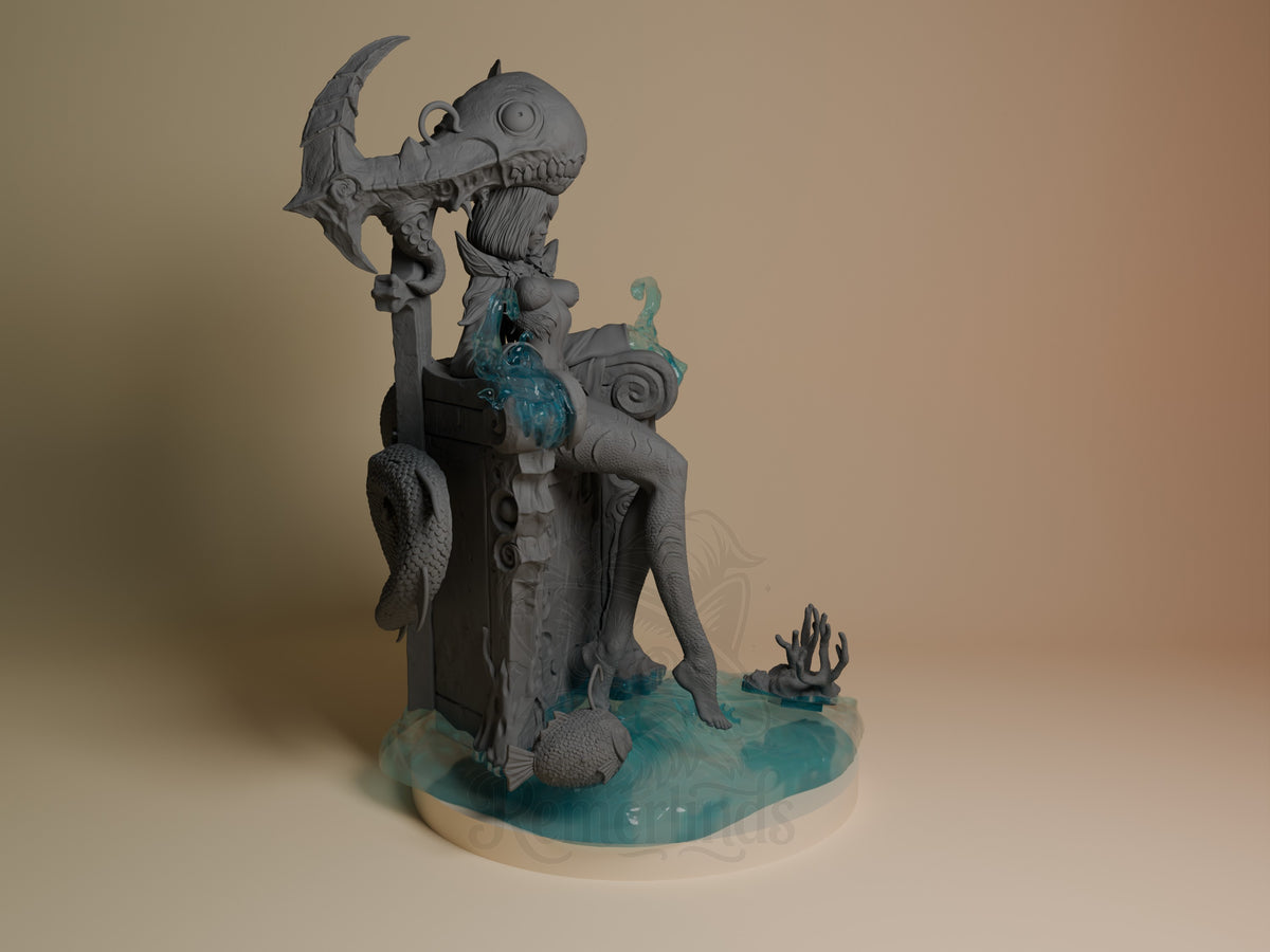 Azashara 3D resin figure shown from right angle, wielding trident and staff, with turquoise painted accents on base and armor, unpainted gray details throughout.