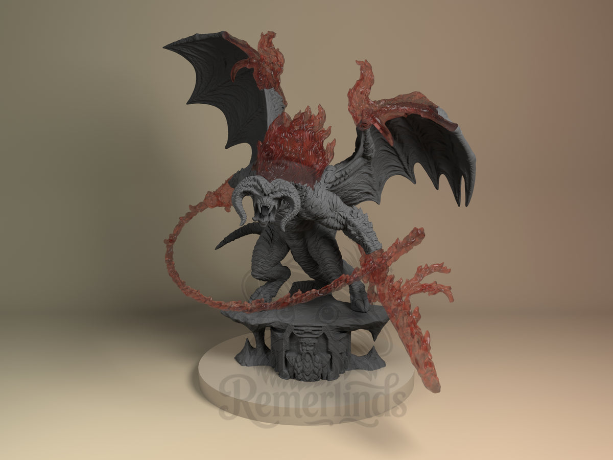 Balrog Legendary Ring Saga 3D printed resin figure by Nomnom, unpainted front view. The Balrog miniature captures the terrifying essence of the creature, depicted in a dynamic crouching pose with wings flexed and ready for attack. The translucent flames sculpted around the whip and body add an intense fiery effect, contrasting with the dark, textured skin and imposing horns, while the detailed base enhances the overall dramatic presentation.
