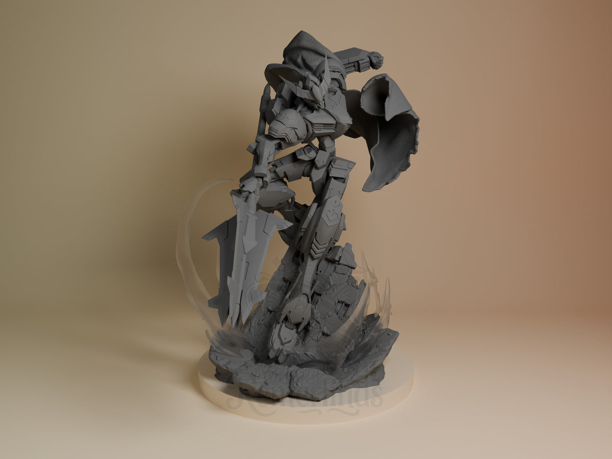 Warwolf Frame Starframe Vanguard 3D printed resin figure by Nomnom, unpainted front view. The resin miniature depicts the Warwolf Frame Gundam Barbatos in a powerful action stance, poised as if descending or charging forward. The figure features detailed mech armor and a large sword, with a dramatic cape flowing behind it. The base includes rubble and swirling energy effects that enhance the dynamic and intense composition.