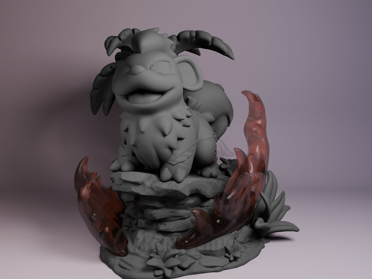 Growlithe Pocket Specters 3D printed resin figure by Nomnom, unpainted front view. The figure depicts a chibi-style Growlithe standing proudly atop a rocky platform, surrounded by dynamic, translucent red flame effects that add visual energy. The miniature emphasizes cute and exaggerated features, with detailed sculpting of fur textures and a naturalistic base that includes small plants, enhancing the overall composition with a playful and energetic pose.