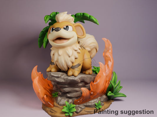 Painted Growlithe from Pokémon resin Chibi figure shown in three-quarter view on a rocky base.