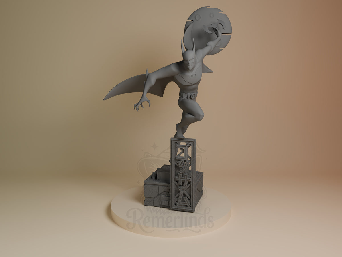 Front view of Nocturne Guardian from Batman resin figure, unpainted with cape, raised leg, and sculpted base.