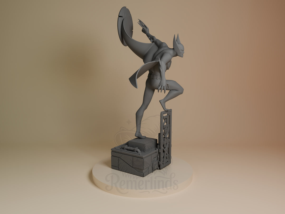 Nocturne Guardian from Batman resin figure, right-side view, unpainted, cape raised over a sculpted base.