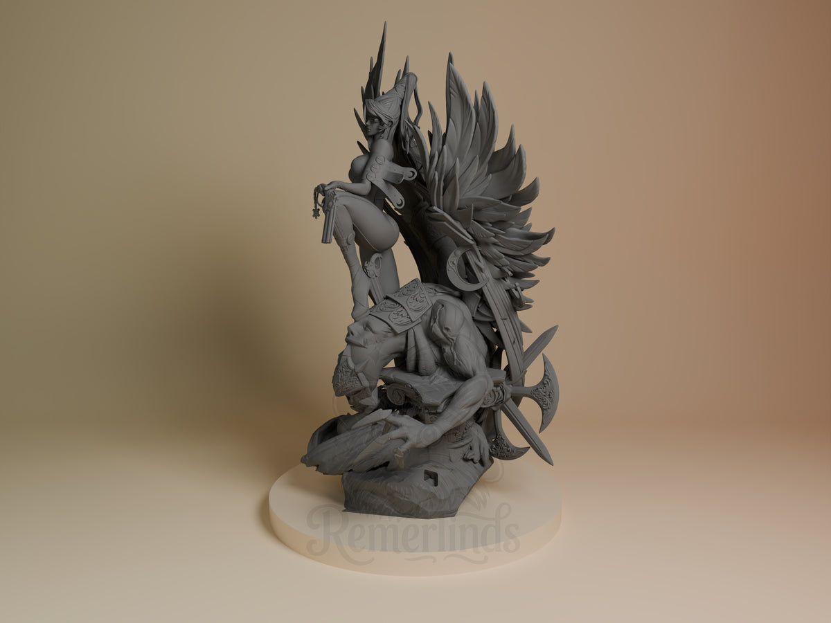 Bayonetta from Bayonetta is an unpainted resin figure shown at a side angle, seated on a winged beast atop a round base.