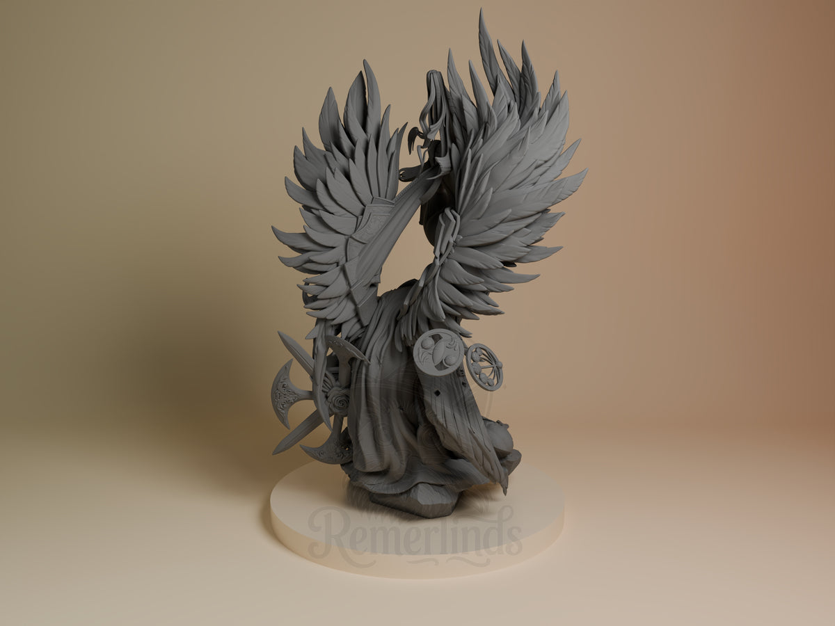 Back view of Bayonetta from Bayonetta, an unpainted resin figure with wings, weapons, and sculpted base.