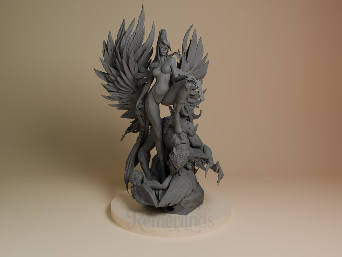 Front view shows unpainted Bayonetta from Bayonetta resin figure with wings and sculpted base.