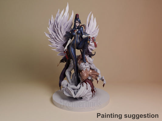 Bayonetta resin figure in dark blue outfit with large white wings, posed on layered base with gold accents, fully painted and detailed.