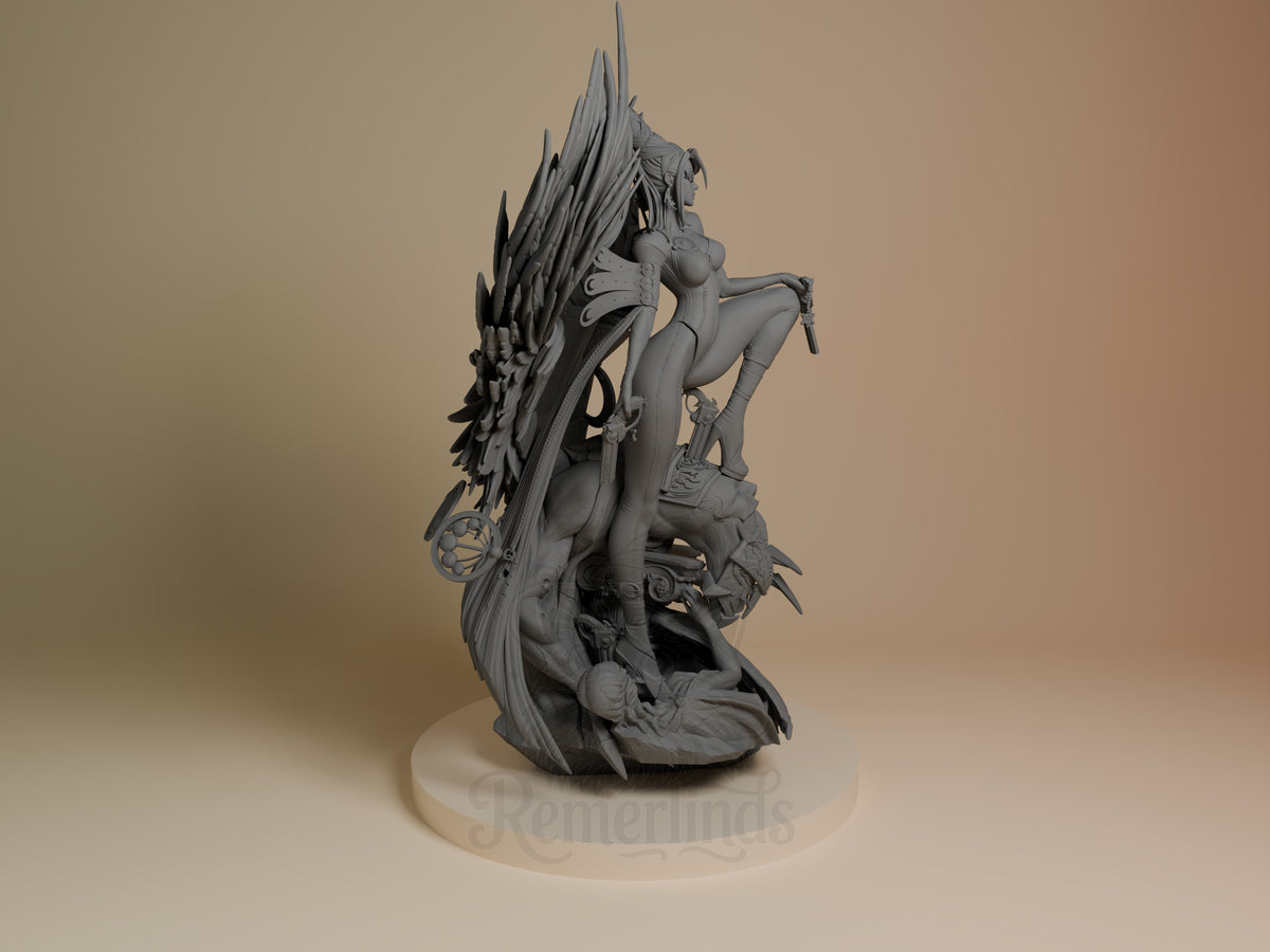 Bayonetta from Bayonetta is an unpainted resin figure in right profile, kneeling on a sculpted base.