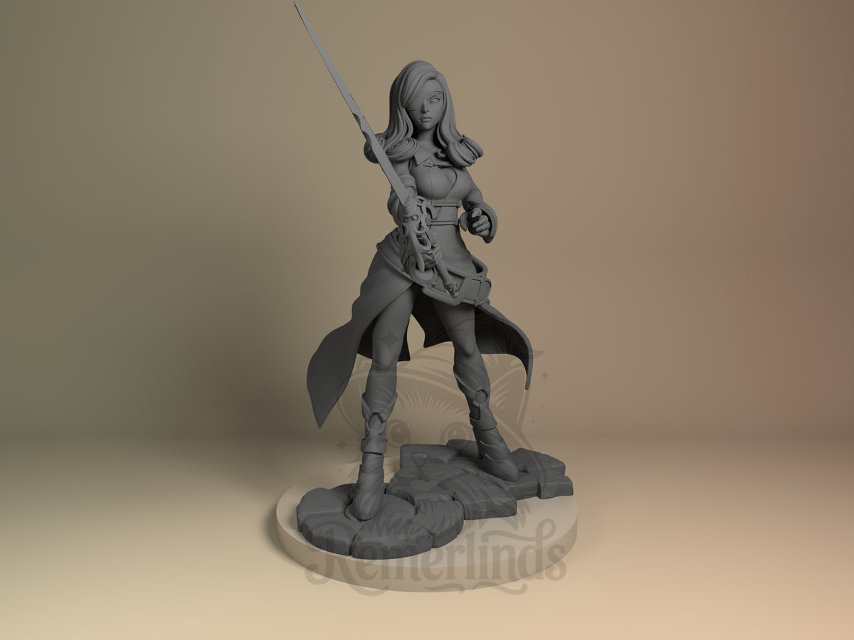 Beatrix Final Fable 3D printed resin figure by Nomnom, unpainted front view. The figure represents Beatrix from Final Fantasy in a powerful and confident standing pose, gripping a long sword raised diagonally. She is dressed in a detailed outfit featuring a split coat or tunic, high boots, and armor elements, with flowing hair adding dynamic movement. The figure stands on a textured rocky base that grounds the character in a fantasy setting.