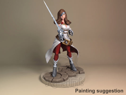 Painted Beatrix from Final Fantasy resin figure faces forward, sword raised on rocky base.