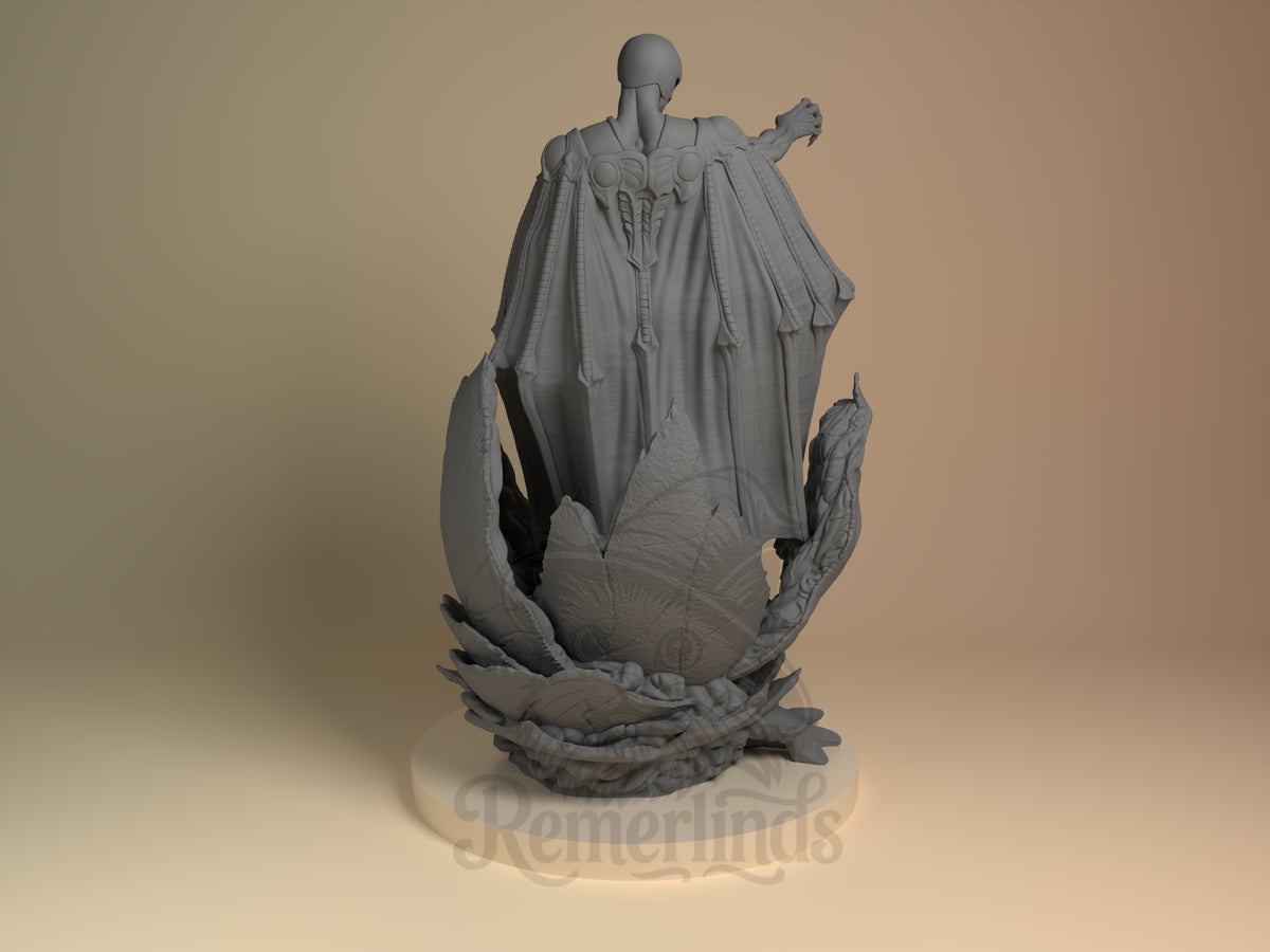 Back view of unpainted Femto from Berserk, a resin figure with a cape and sculpted base.