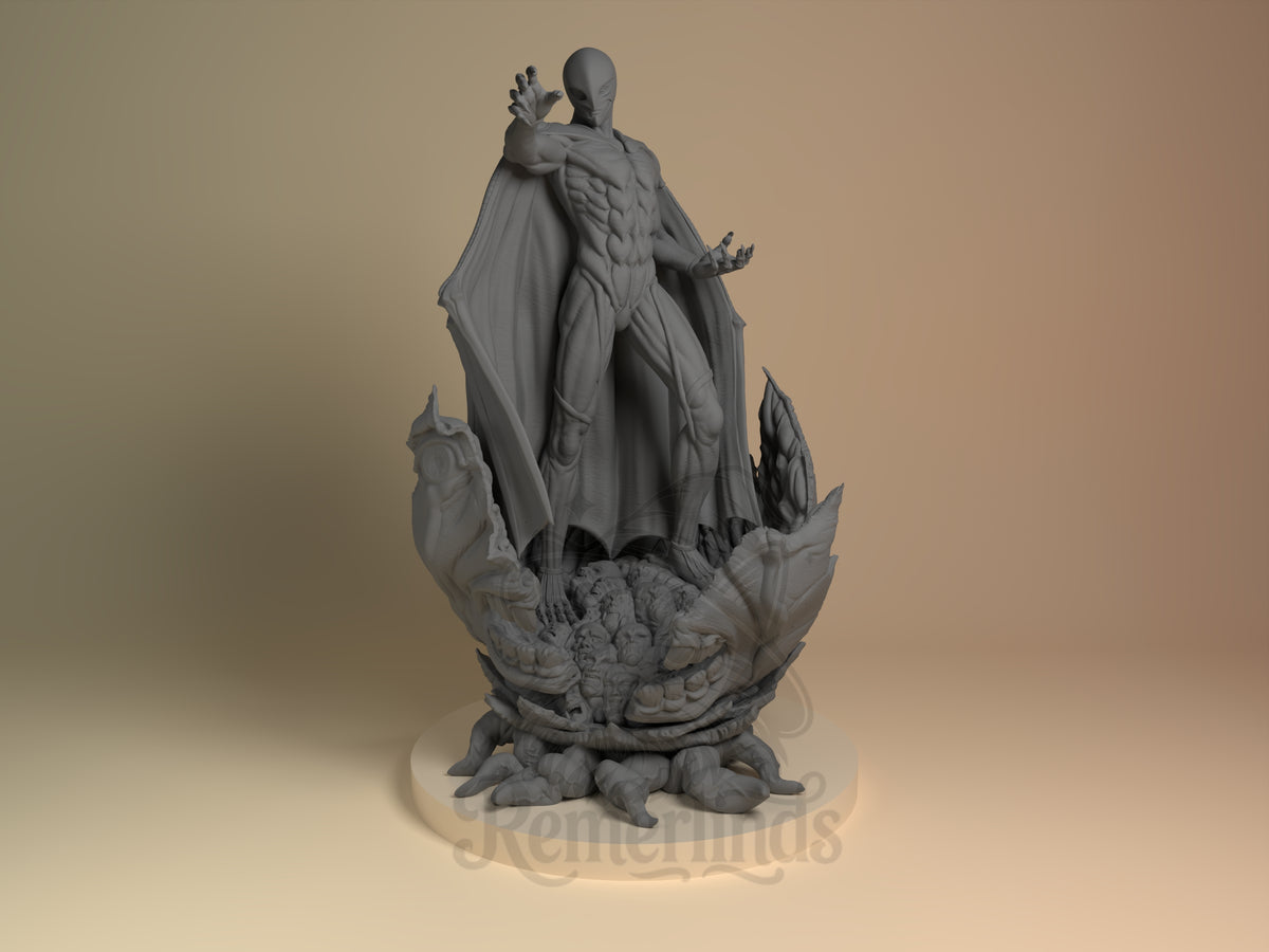 Unpainted resin figure of Femto from Berserk faces front with cape spread on a sculpted base.