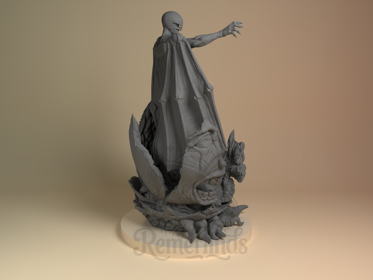 Femto from Berserk, shown from the right, is an unpainted resin figure with one arm raised on a sculpted base.