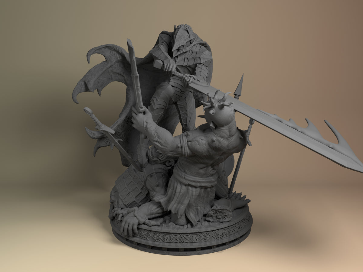Grit Fury Unleashed 3D printed resin figure by Nomnom, unpainted front view. The figure depicts Guts in mid-combat, forcefully engaging a monstrous opponent with his oversized, jagged sword held horizontally. The imposing cape and detailed armor convey a sense of power and movement, while the crouching monster adds tension and narrative to the scene. The sculpted base with debris enhances the dynamic battle composition.