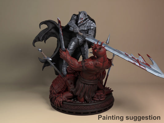 Angled painted Guts from Berserk resin figure stands behind a red creature on a sculpted base.