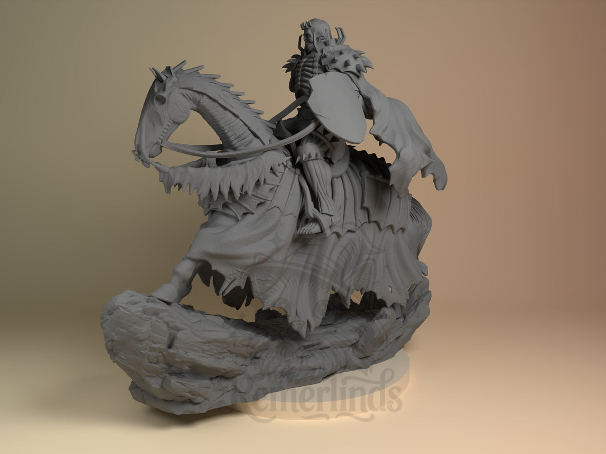 Angled unpainted Skull Knight from Berserk resin figure rides a horse on a sculpted base.