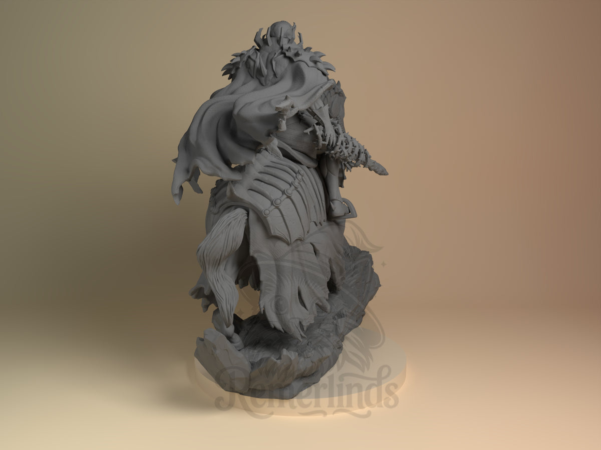 Angled back view shows an unpainted Skull Knight from Berserk resin figure on a sculpted base.