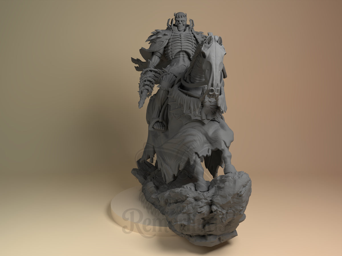 Front view of Skull Knight from Berserk, an unpainted resin figure on horseback with rocky base.