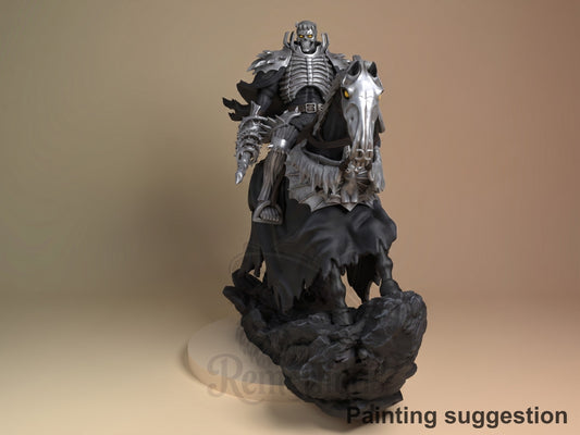 Front-facing painted resin figure of Skull Knight from Berserk rides a skeletal horse on a rocky base.