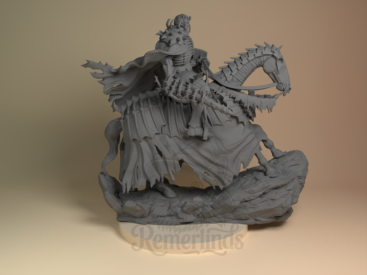 Skull Knight from Berserk rides rightward in an unpainted resin figure on a rocky base.