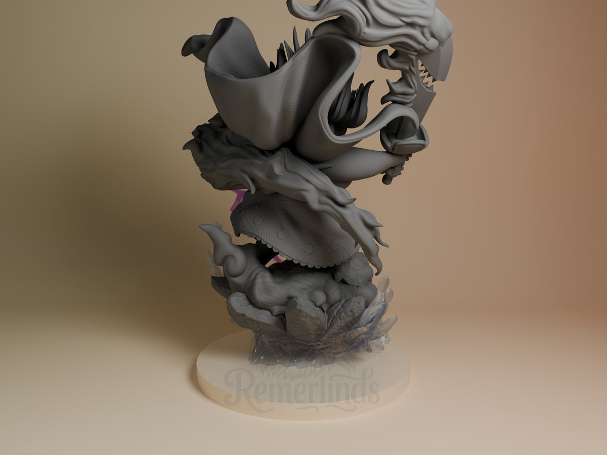 Back view of Big Mom from One Piece, an unpainted resin figure on a sculpted wave base.