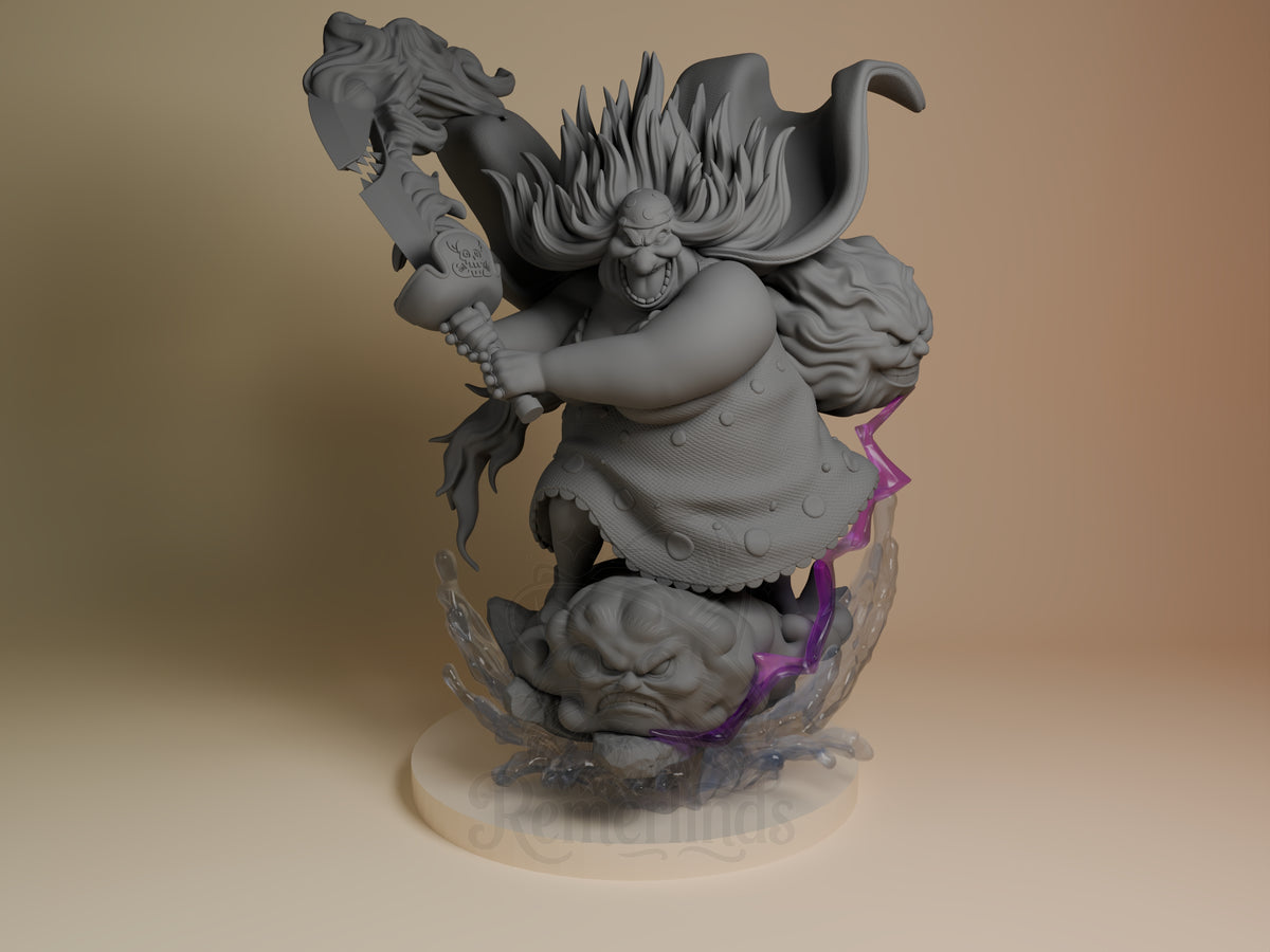 Front view shows Big Mom from One Piece, an unpainted resin figure with sword and sculpted base.