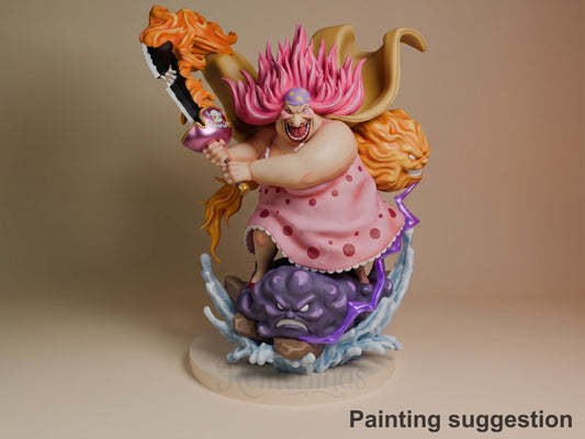 Big Mom 3D resin figure from One Piece, painted in pink dress and spiky magenta hair, wielding a weapon, mounted on purple cloud base with water effects.