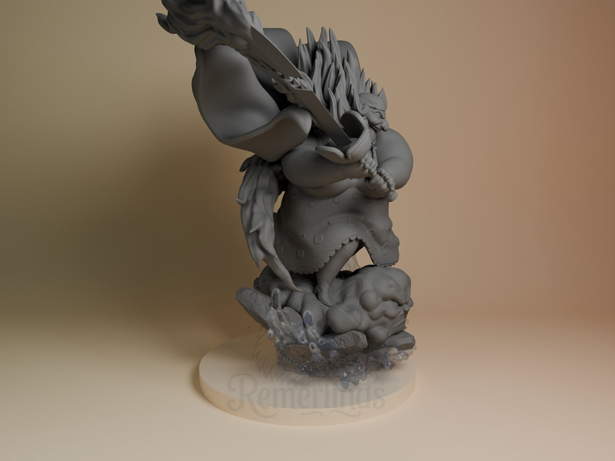 Right-angle view of Big Mom from One Piece, an unpainted resin figure holding a sword on a sculpted base.