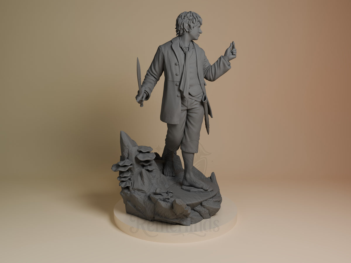 Right-facing, unpainted Bilbo Baggins from Lord of the Rings is a resin figure holding a sword on a sculpted base.