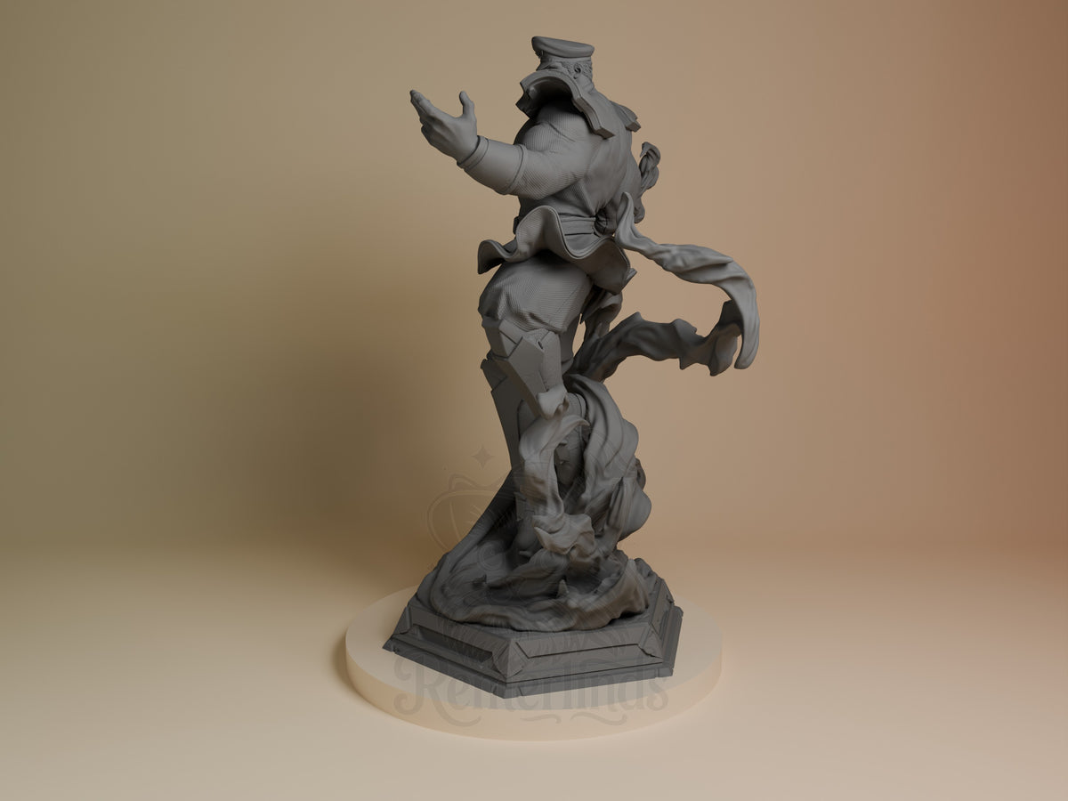 Bison resin figure in aggressive rearing pose on rocky base, shown from angled side view, unpainted gray detail visible throughout.