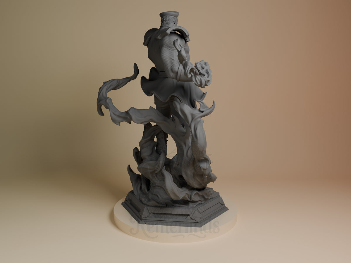 Bison resin figure from Street Fighter shown from back angle, unpainted gray with dynamic pose and flowing cape detail on hexagonal base.