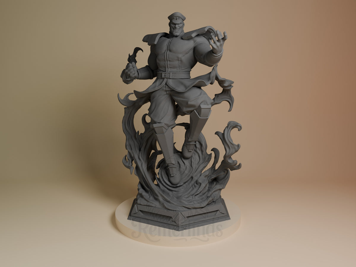Bison resin figure from Street Fighter in unpainted gray, posed dynamically on ornate flame base, front view angle.