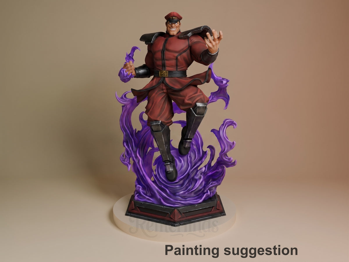 Bison resin figure in red military outfit with purple energy effects on base, dynamic lunging pose, fully painted with black boots and beret, front three-quarter view.