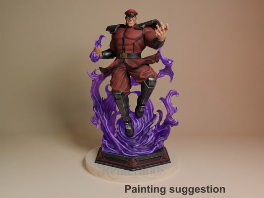 Bison resin figure in red military outfit with purple energy effects on base, dynamic lunging pose, fully painted with black boots and beret, front three-quarter view.