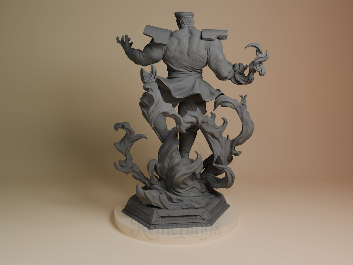 Bison resin figure from Street Fighter displayed from left angle, showing muscular torso with crossed arms and ornate base with swirling details, unpainted gray finish.
