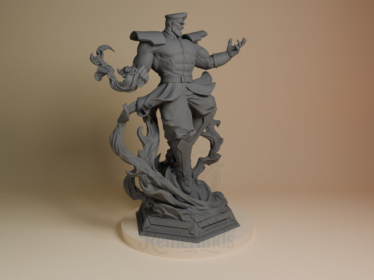 Bison 3D resin figure from Street Fighter shown from right angle, unpainted gray, dynamic pose with cape flowing, detailed base, arms spread wide.
