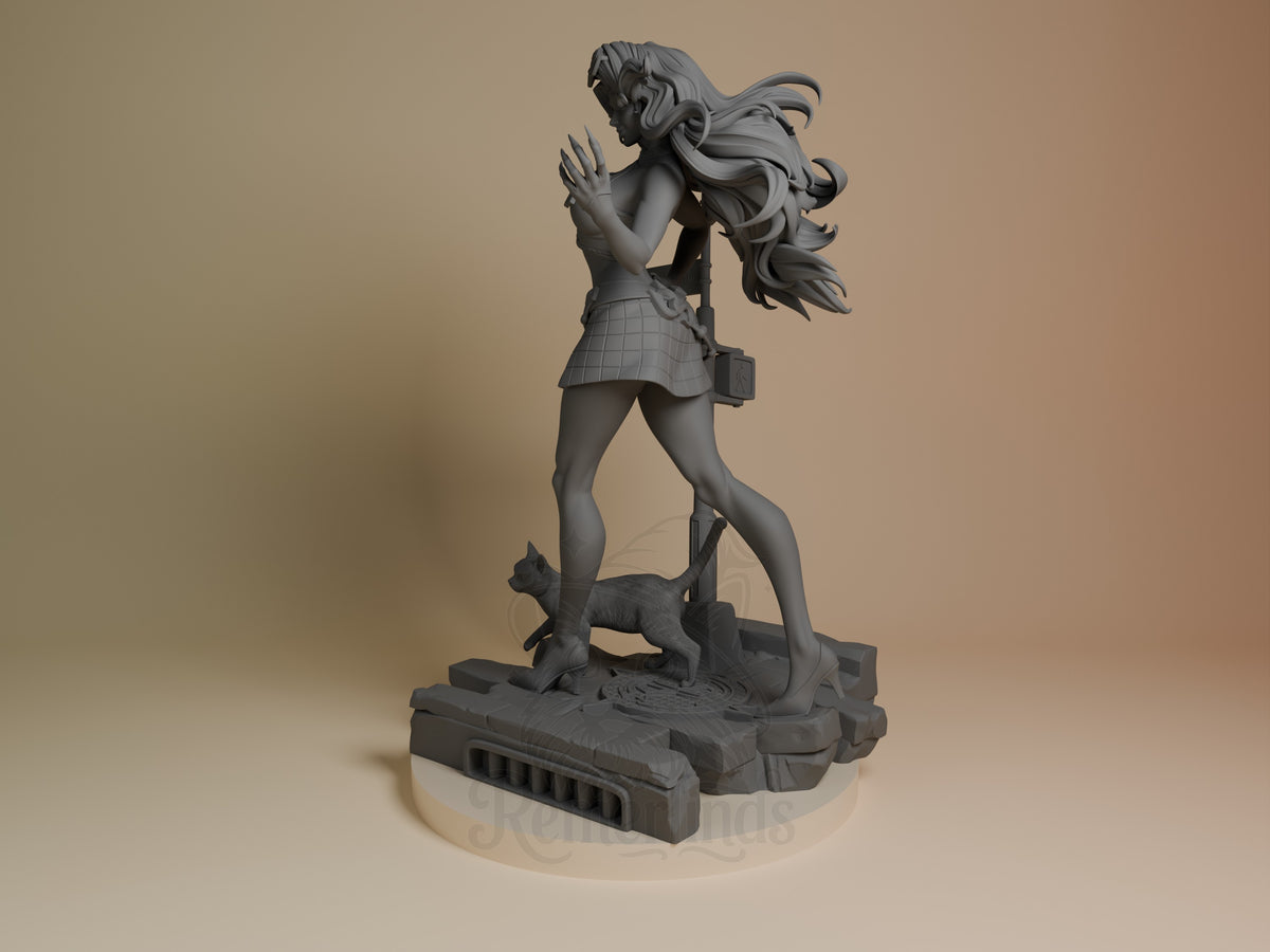Midnight Thief resin figure from Super Rivals shown at angle, depicting female character in dynamic pose with flowing hair, wearing skirt and belt, standing over small cat on detailed base.