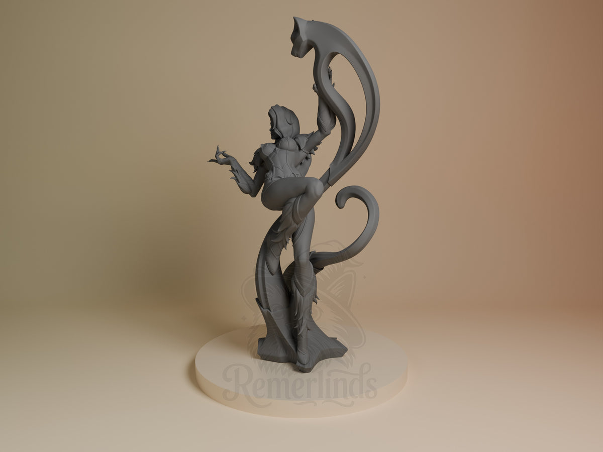 An angled resin figure of Midnight Thief from Super Rivals is unpainted, with raised arms, curled tails, and a base.