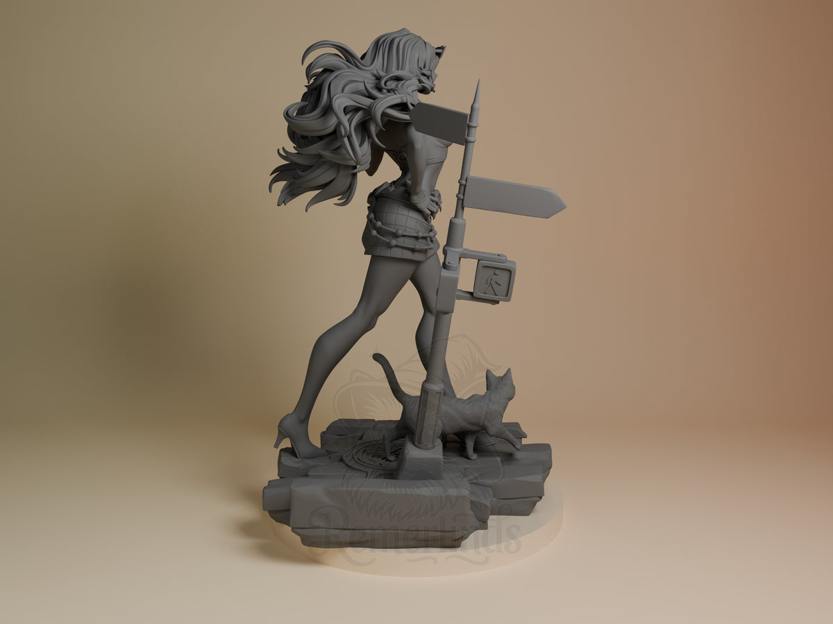 Midnight Thief resin figure from Super Rivals shown from back angle, wielding staff with flowing hair, unpainted gray finish, small cat companion on base.