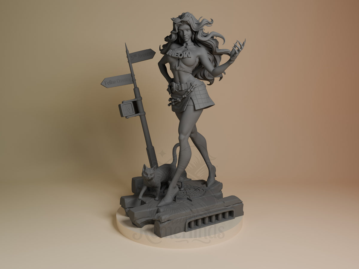 Midnight Thief resin figure from Super Rivals, unpainted gray, posed dynamically with flowing hair and staff, small familiar at base, front angle view.