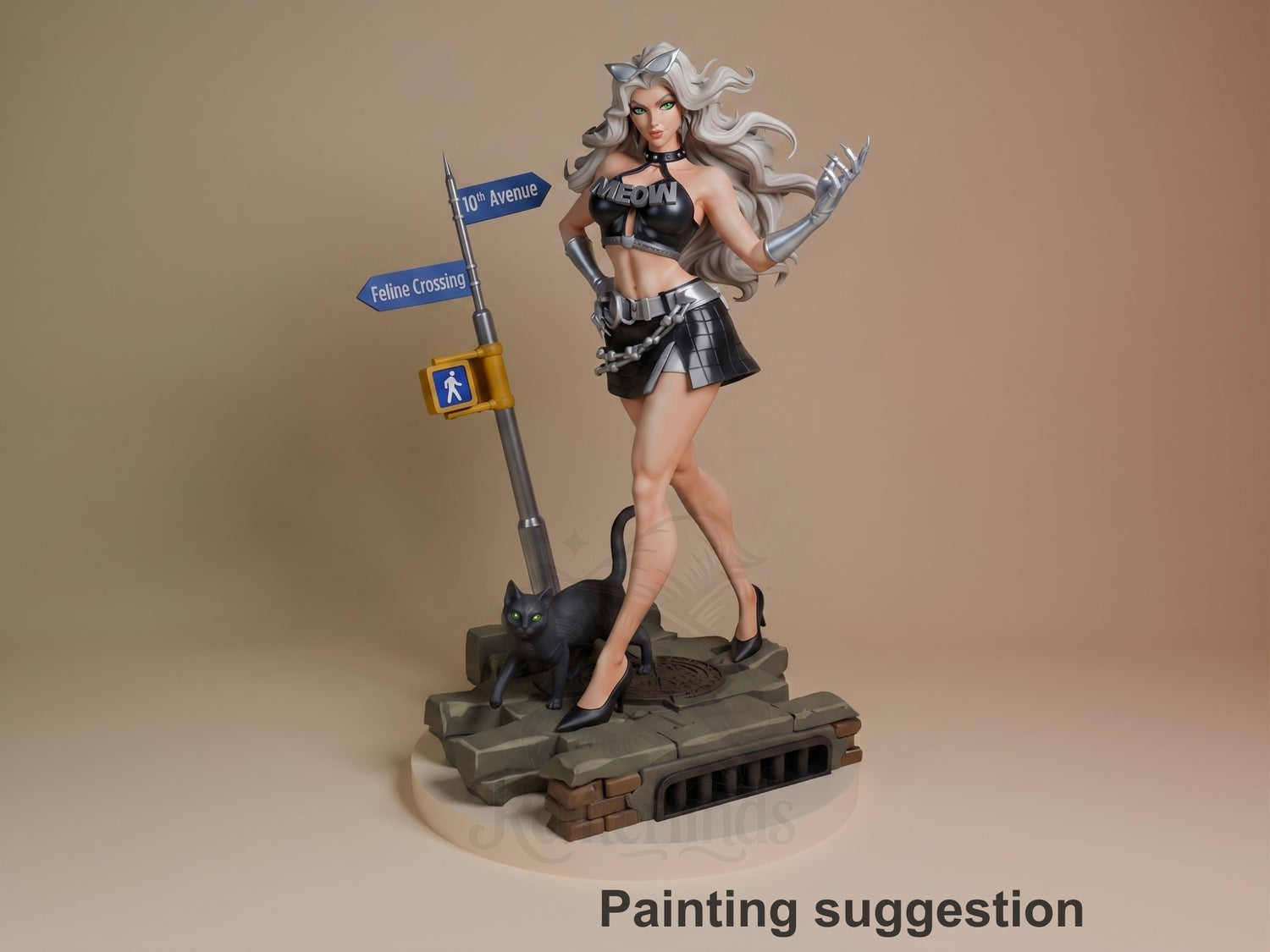 Midnight Thief resin figure from Super Rivals, painted in black and silver outfit, posed with street sign base and black cat companion, holding dual weapons.