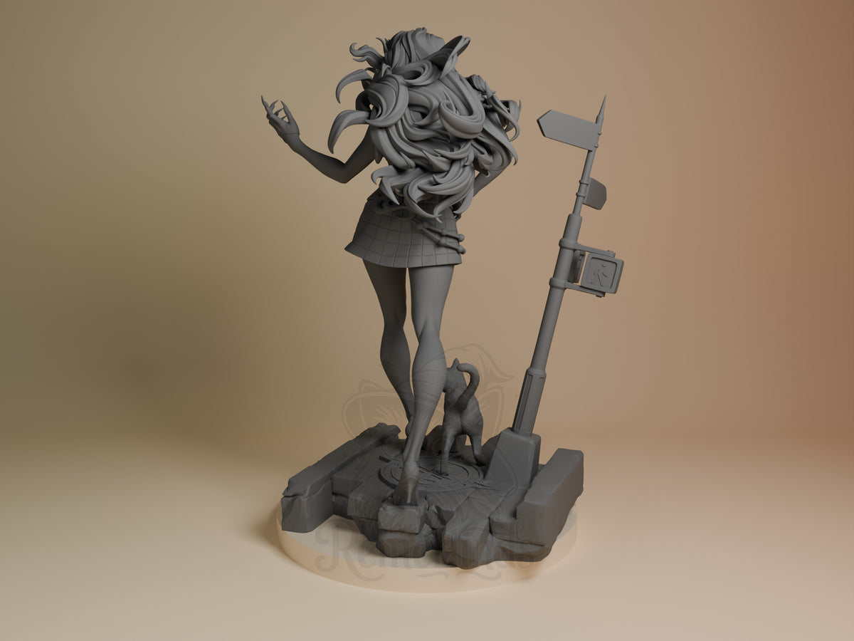 Midnight Thief resin figure from Super Rivals, unpainted gray polymer, posed dynamically with staff weapon on rocky base, left angle view.